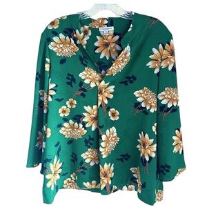 Carolina Belle Montreal Green Gold Floral Print Blouse Size Large
